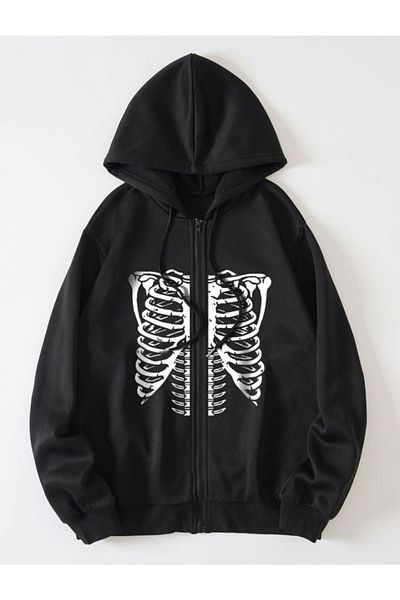 DUBU BUTİK Ζακέτα Skeleton - Μαύρη στάμπα Oversize με κουκούλα