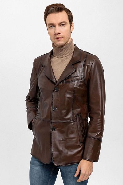 Deriderim Brown Blazer Buttoned Lined Men's Genuine Leather Jacket