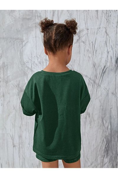 DUBU BUTİK Los Angeles Printed - Nefti Green Children's Summer Set: Shorts and T-shirt Set, for Boys and Girls