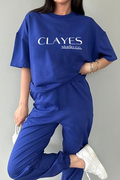 CLAYES Saks BluE T-shirt and SwEatpants Set - Oversize CrEw NEck Studio Co PrintEd
