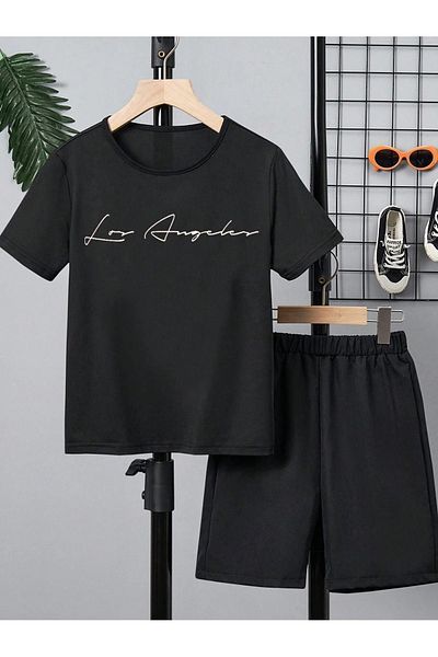 DUBU BUTİK Losangeles Printed Black Cotton Children's Shorts and T-shirt Set - Crew Neck