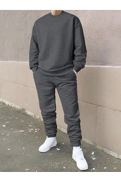 DUBU BUTİK Ανδρική μονόχρωμη αθλητική φόρμα Jogger - Anthracite Oversize Crew Neck