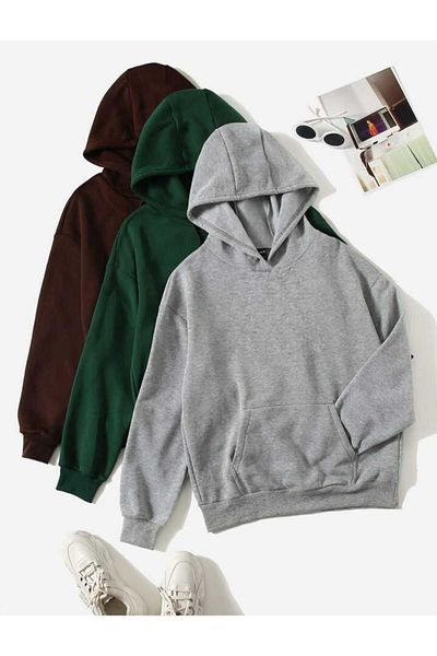 DUBU BUTİK Unisex 3-Pece Plain Basic Χοντρό Χειμερινό Φούτερ - Γκρι Nefti Πράσινη Καφέ Oversize Κουκούλα
