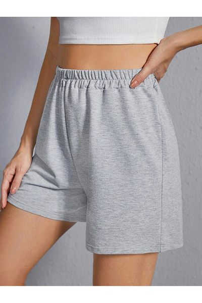 DUBU BUTİK Combed Cotton Shorts - Gray Basic Short Unprinted Uncorded