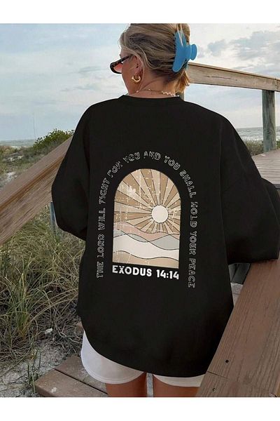 DUBU BUTİK Exodus 14:14 Winter Thick Sweatshirt - Black Printed Oversize Thick Winter Crew Neck