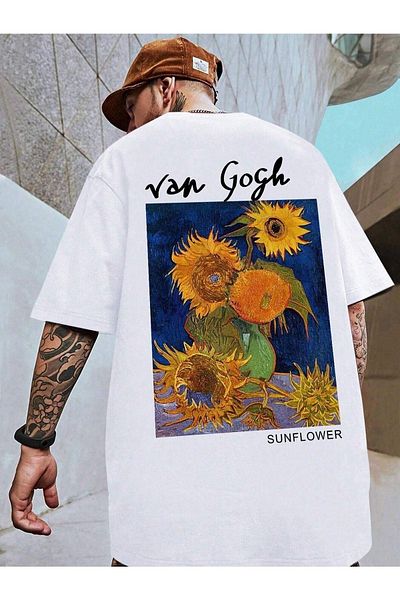 VBSVİBES Πλεκτό μπλουζάκι Unisex Λευκό Oversize Van Gogh με στάμπα