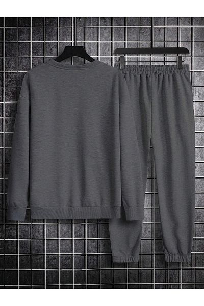 DUBU BUTİK Ανδρική μονόχρωμη αθλητική φόρμα Jogger - Anthracite Oversize Crew Neck