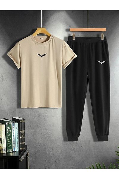 CLAYES Wing Mink T-shirt Μαύρο Sweatpants Jogger - εμπριμέ στο κάτω μέρος Oversize Crew Neck