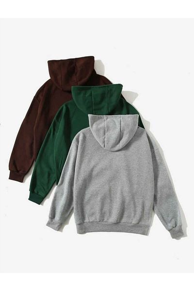DUBU BUTİK Unisex 3-Pece Plain Basic Χοντρό Χειμερινό Φούτερ - Γκρι Nefti Πράσινη Καφέ Oversize Κουκούλα