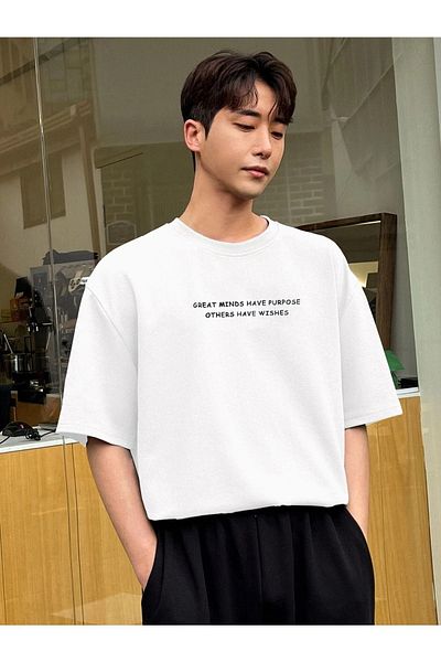 VBSVİBES Πλεκτό μπλουζάκι Unisex White Oversized Great Minds Printed