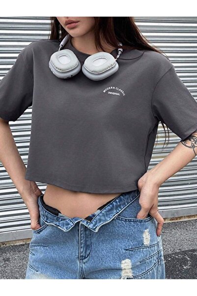 DUBU BUTİK Μοντέρνο Universal Crop - Smoked Printed Oversize Crew Neck