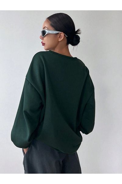 DUBU BUTİK Transition Sweatshirt - Green Printed Oversize Thick Winter Crew Neck