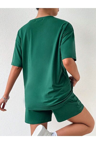 CLAYES Love Yourself T-shirt Shorts - Green Bottom Top Combination Shorts T-shirt Set Printed Oversize Crew Neck