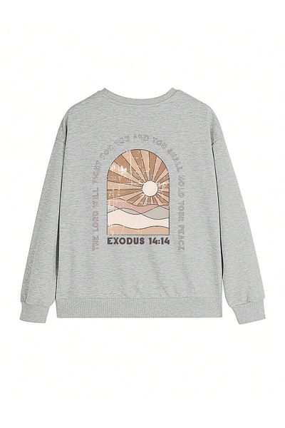 DUBU BUTİK Exodus 14:14 Winter Thick Sweatshirt - Gray Printed Oversize Thick Winter Crew Neck