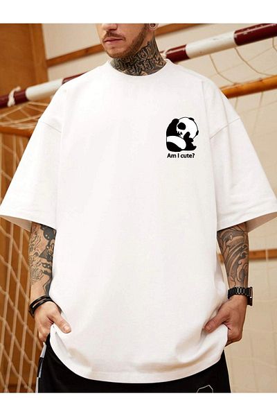 VBSVİBES Unisex White Oversize Panda Am I Cute; Πλεκτό μπλουζάκι με στάμπα