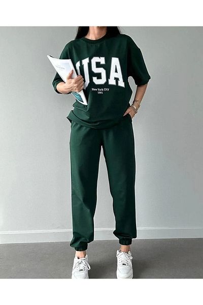 CLAYES USA T-shirt Sweatpants Jogger- Πράσινη στάμπα στο κάτω επάνω μέρος αθλητική φόρμα Oversize Crew Neck