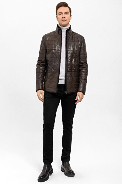 Deriderim Kahverengi Keene Içi Yünlü Fermuarlı Erkek Hakiki Deri Kaban