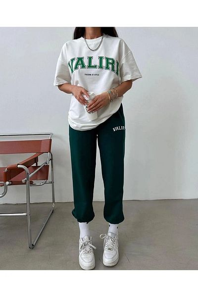 CLAYES Valiri T-shirt Φούτερ Jogger- Πράσινο και Λευκό εμπριμέ κάτω μέρος Φούτερ κοστούμι Oversize Cycling Yak