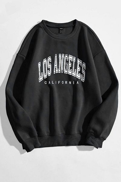 DUBU BUTİK Los Angeles Text Design Sweatshirt - Black Printed Oversize Thick Winter Crew Neck