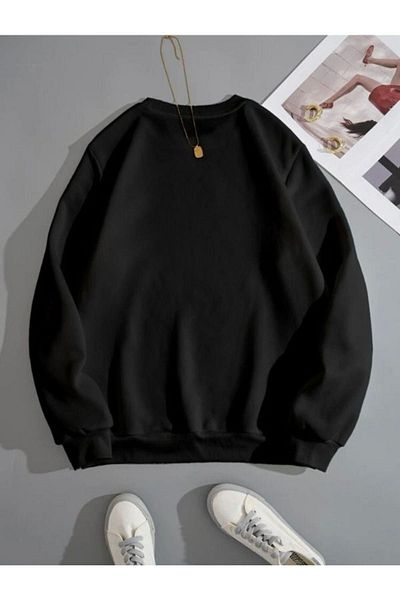 DUBU BUTİK Spiritual Line Figure Sweatshirt - Black Printed Oversize Thick Winter Crew Neck