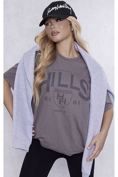 DUBU BUTİK Hidden Hills Single Jersey T-Shirt - Smoke Printed Oversize Crew Neck Short Sleeve T-Shirt