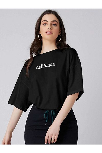VBSVİBES Tricou negru oversize cu imprimeu California pentru femei