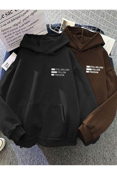 DUBU BUTİK 2 Pieces Still Freedom Thick Winter Sweatshirt - Black Brown Printed Oversize Hoodie