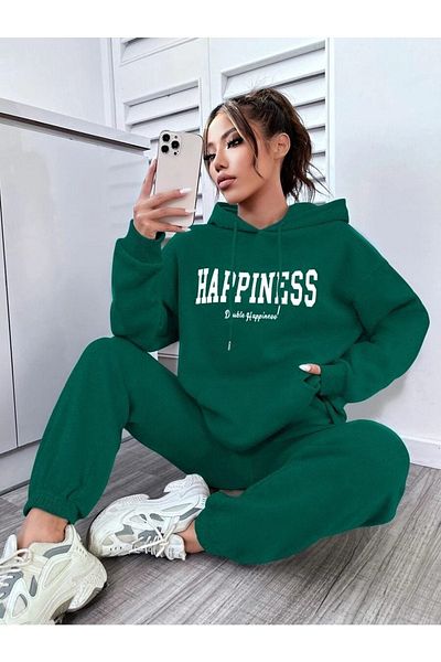 DUBU BUTİK Γυναικεία αθλητική φόρμα Green Happıness - Printed Oversize