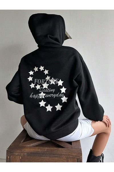 DUBU BUTİK Fortune Stars Sweatshirt - Black Printed Oversize Thick Winter Hoodie