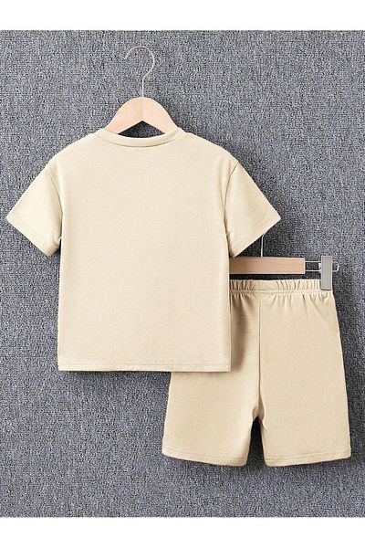 DUBU BUTİK Daddys Mini Printed Beige Kids Shorts and T-shirt Set - Crew Neck, Cotton