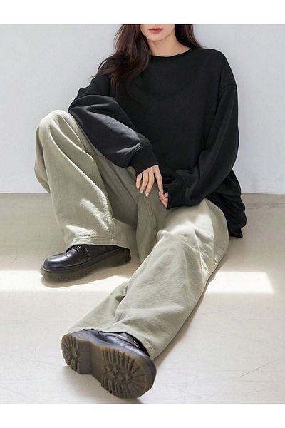 DUBU BUTİK Solid Color Sweatshirt - Black Oversize Thick Winter Crew Neck