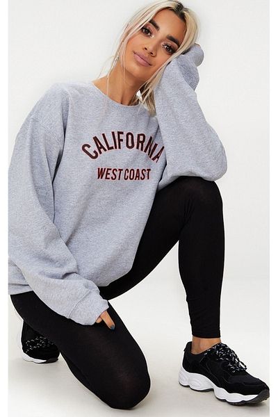 DUBU BUTİK California West Coast Letter Sweatshirt - Gray Printed Oversize Crew Neck