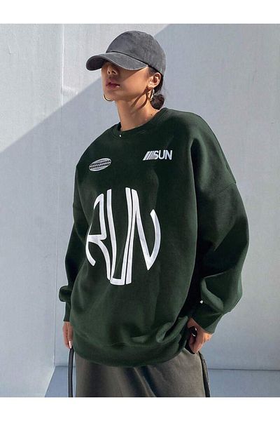 DUBU BUTİK Run Logo Sweatshirt - Green Printed Oversize Thick Winter Crew Neck