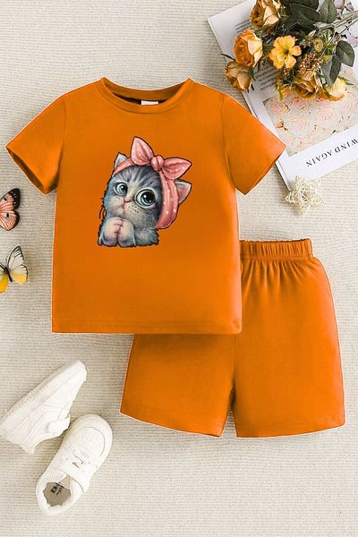 DUBU BUTİK Orange Little Cat Printed Children's Shorts and T-shirt Set - Crew Neck