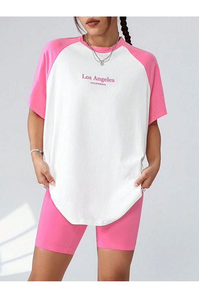 DUBU BUTİK Los Angeles Segmented Single Jersey T-Shirt - Pink White Printed Oversize Crew Neck Short Sleeve T-Shirt