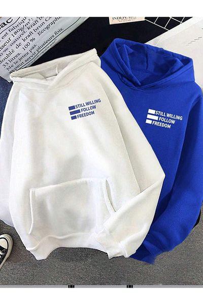 DUBU BUTİK 2-Piece Still Freedom Thick Winter Sweatshirt - White Sax Blue Printed Oversize Hood