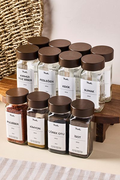 Perotti Raul Woody 12-Piece Minimal Acacia Lid Spice Rack Set 120ml-30 Pcs. Black-White Label Gift