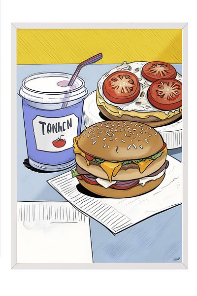 Postifull White Framed Painting, Burger with Coke, Comfort Series Kitchen Wall Painting, No: 109144