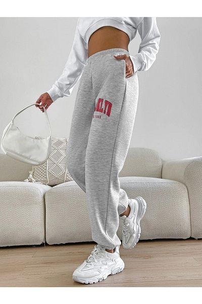 VBSVİBES Pantaloni de sport cu picior elastic cu imprimeu Brooklyn, gri, Jogger, 2 fire, fără ridicare
