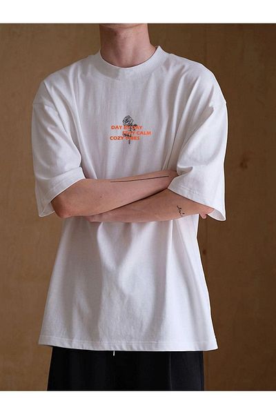 VBSVİBES Unisex White Oversize Day Vibes Rose Printed Knitted T-shirt