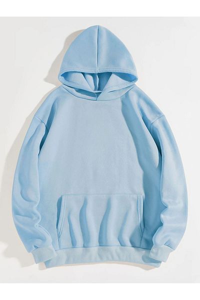DUBU BUTİK Φούτερ Papatya Good Day - Baby Blue Printed Oversize Χοντρή χειμερινή κουκούλα
