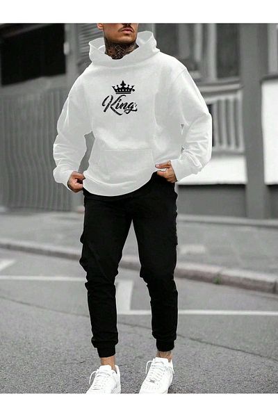 DUBU BUTİK Σετ φόρμας King Λευκό φούτερ Black Jogger - Printed Oversize Raised Hooded