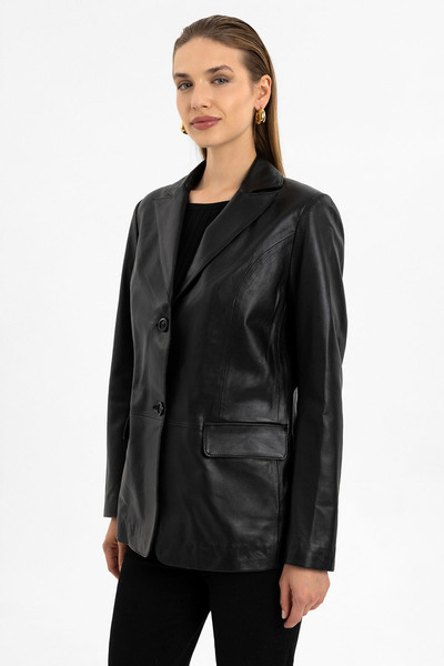 Deriderim Louisa Black Blazer Women's Genuine Leather Jacket