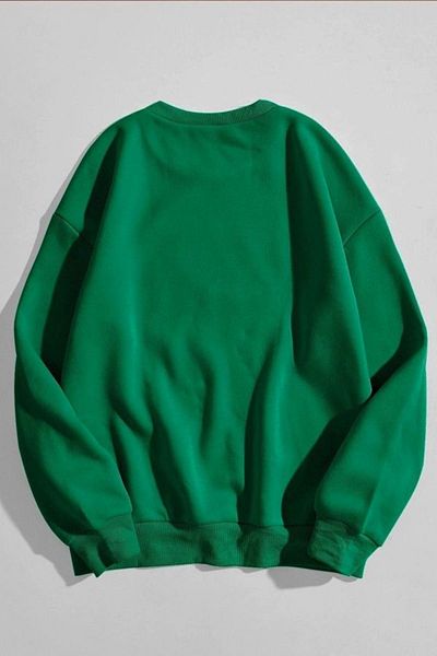 DUBU BUTİK Los Angeles Text Design Sweatshirt - Nefti Green Printed Oversize Thick Winter Crew Neck