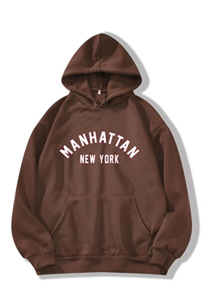 dubu butik Women's Brown Manhattan Printed Oversize Hooded Sweatshirt