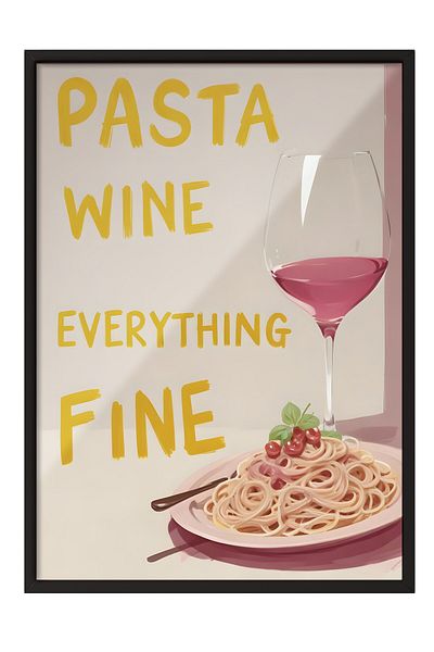 Postifull Pictură cu cadru negru, Tort Wine Everything Fine, Seria Comfort Pictură de perete pentru bucătărie, NR:109133