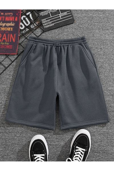 DUBU BUTİK Solid Color Combed Cotton Shorts - Smoked Unprinted Short Uncorded