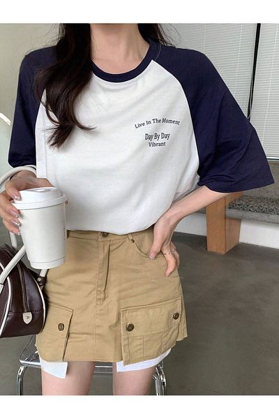 DUBU BUTİK Day By Day Piece Single Jersey T-Shirt - White Navy Blue Printed Oversize Crew Neck Short Sleeve T-Shirt