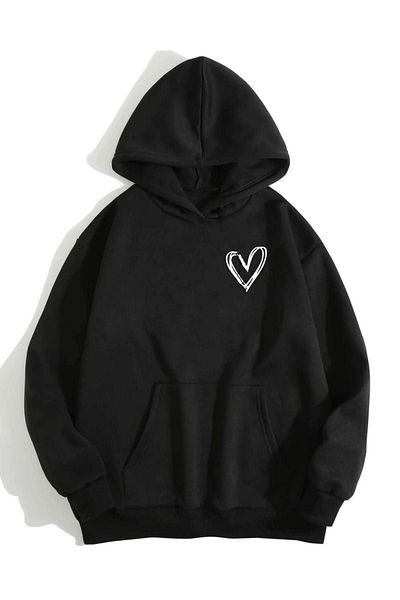 DUBU BUTİK Minimal Heart Sweatshirt - Black Printed Oversize Hoodie