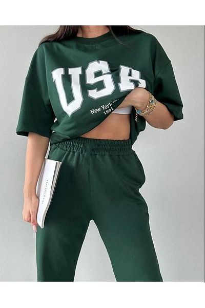 CLAYES USA T-shirt Sweatpants Jogger- Πράσινη στάμπα στο κάτω επάνω μέρος αθλητική φόρμα Oversize Crew Neck